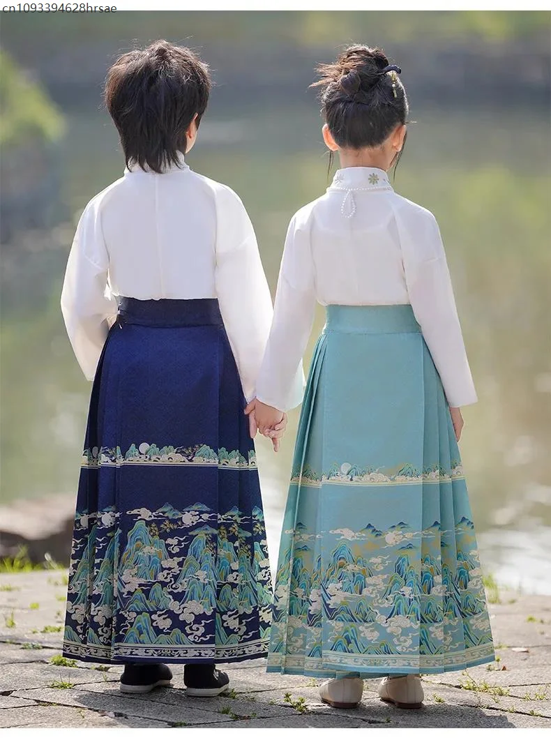 Set per bambini Manica corta lunga Set da 2 pezzi Vestito da ragazzo Tang Costume Abbigliamento Hanfu Top Gonna con faccia di cavallo Vestito da ragazza - immagine 6
