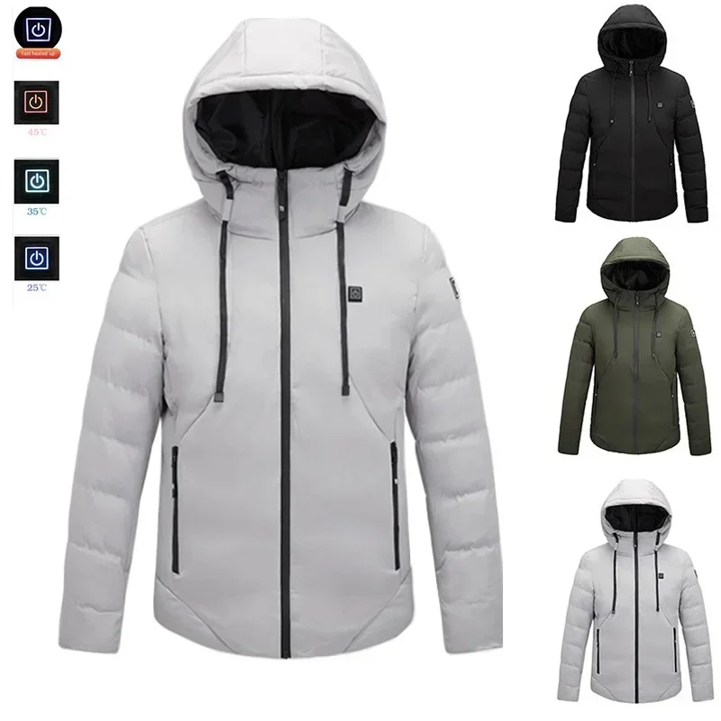 Men Winter Warm USB Heating Jackets Pure Color Hooded Heated Clothing 2 Area USB Winter Outdoor Electric Heating Jackets M-7XL