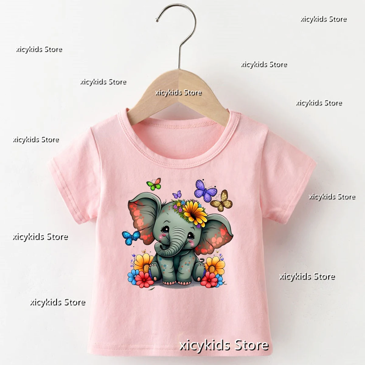

Новинка, футболка для девочек, милая детская футболка с мультяшным принтом слона и бабочки, Забавная детская одежда, летний розовый детский топ с коротким рукавом