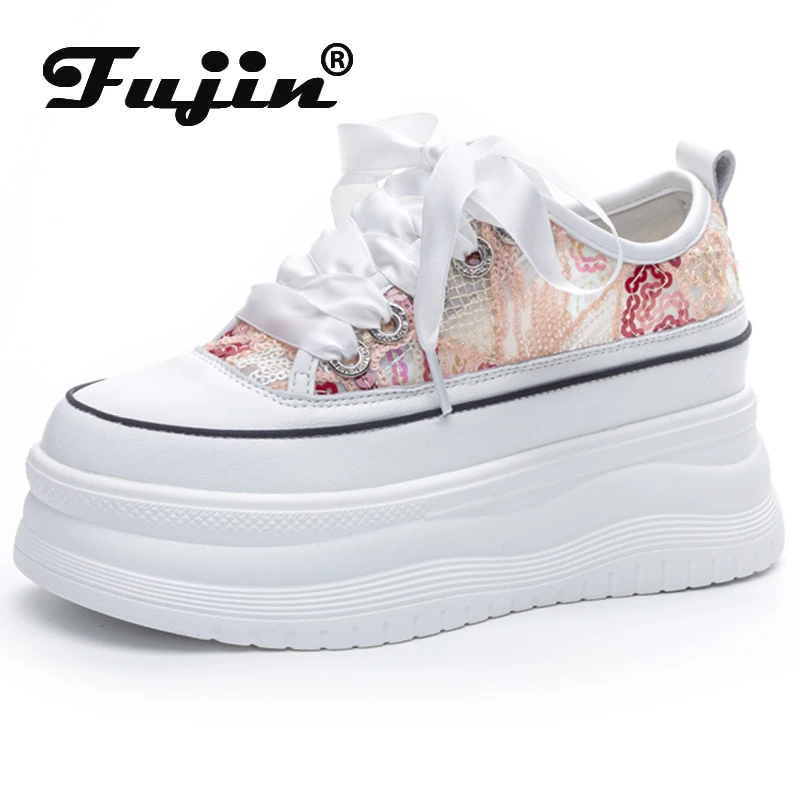 

Женские массивные кроссовки Fujin, черные кроссовки из натуральной кожи, на танкетке 7 см, с воздушной сеткой, на вулканизированной подошве, летний сезон
