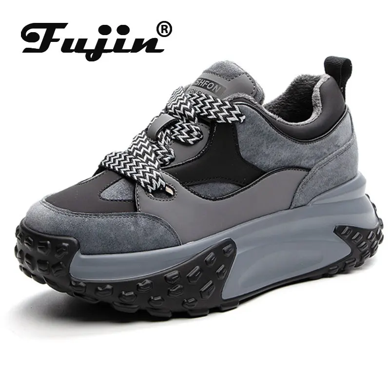 

Fujin 6cm Cow Genuine Leather Chunky Sneaker Winter Autumn Platform Wedge Sneakers Women Plush Warm Hidden Heel BreathableShoes