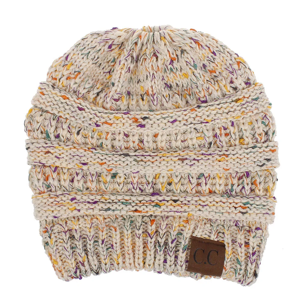 New floral thread mixed color hat, knitted hat, autumn and winter fashion women's ponytail hat 5