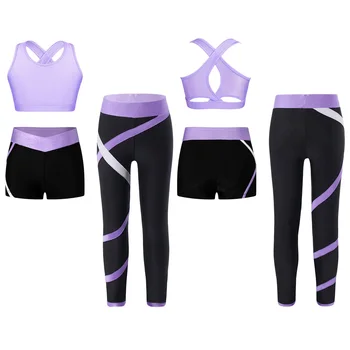 Kids Girls 3Pcs Sports Set Cross Back Crop Vest with Contrast Color Pants Shorts Gymnastics Workout Yoga Running Activewear