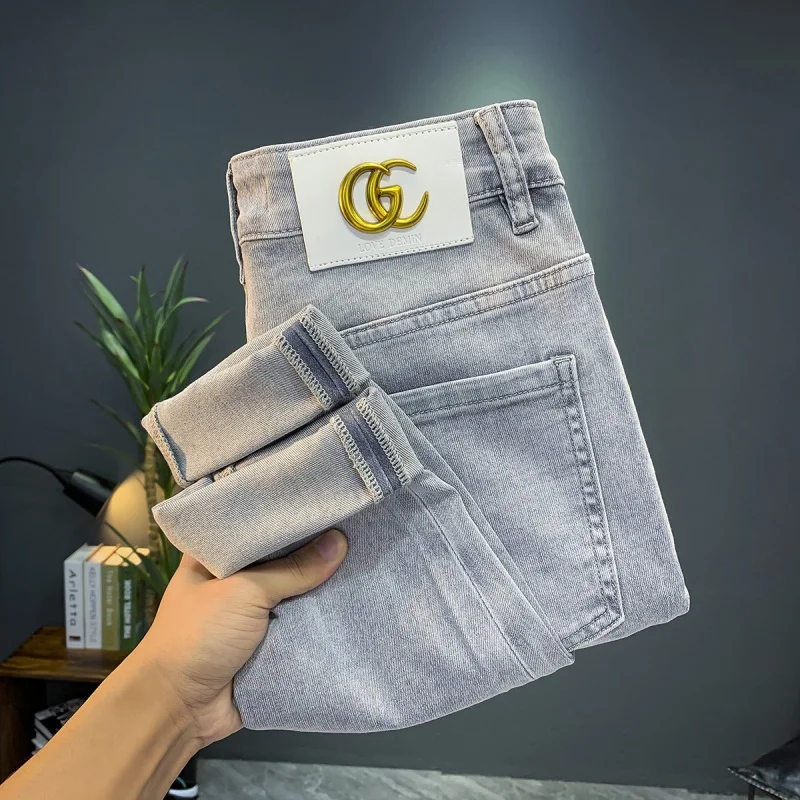 2024 Summer thin jeans men's elastic soft high-end affordable luxury pencil pants slim fit skinny Grey trousers