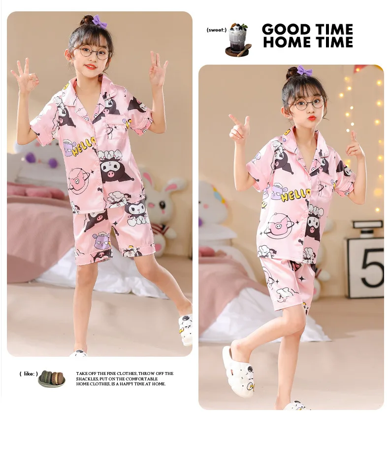 Girls Ice Silk Pajamas Set Children's Sanrio Hello Kitty Cartoon Turn-down Collar Short Sleeve Top + Shorts 2Pcs Kids Nightwear
