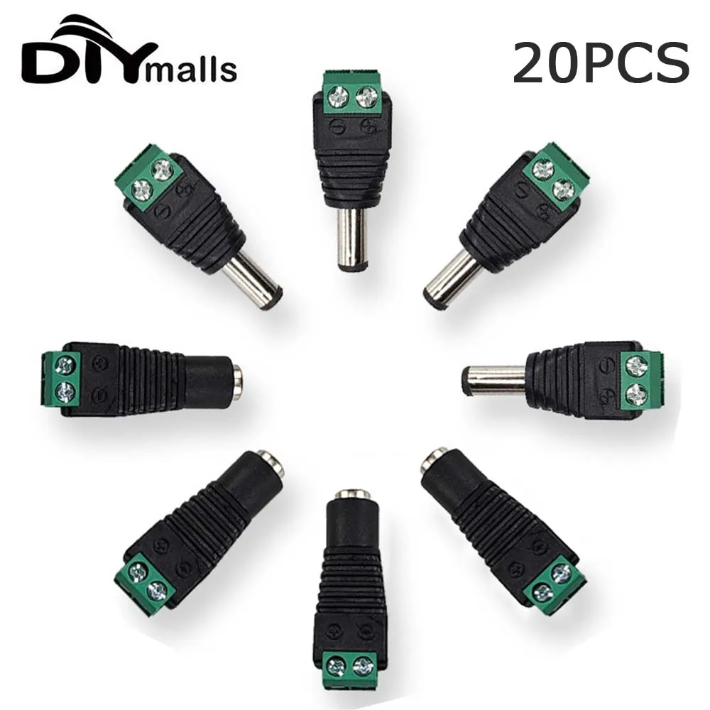 20PCS 5.5mm x 2.1mm Female Male DC Power Plug Adapter for 5050 3528 5060 Single Color LED Strip and CCTV Cameras led male female adapter dc connector 12v dc power plug 5 5x2 1mm for 5050 3528 led strip light