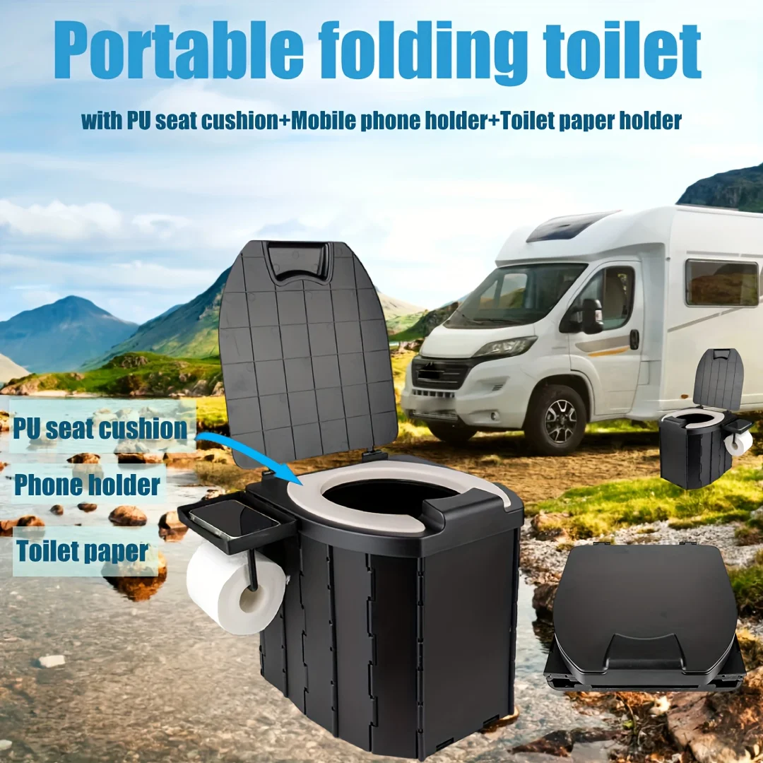 Portable Folding Toilet With PU Seat Cushion, Portable Toilet With Lid For RV, Car, Camping, Hiking, Travelling 2