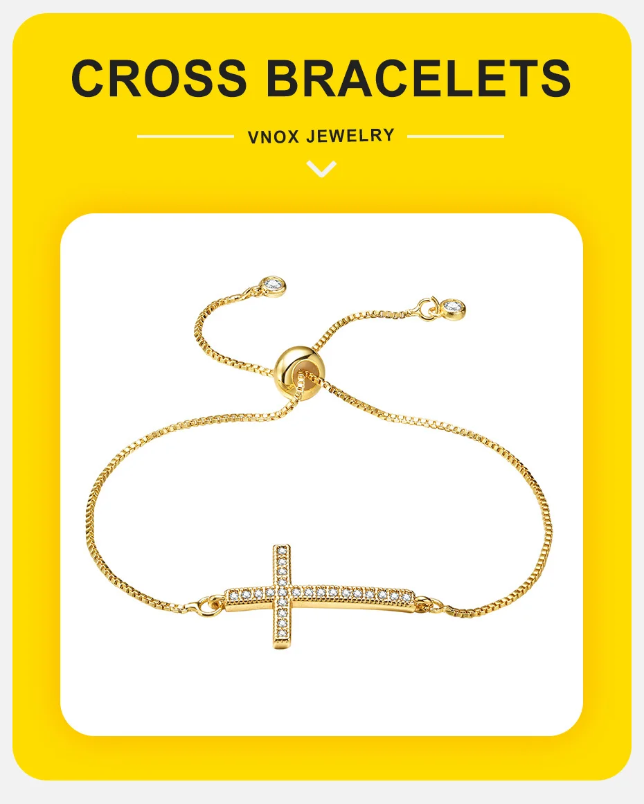 Vnox Kreuzarmbänder mit vollem CZ-Steinen für Damen und Teenager, goldfarbene, schmale Box-Gliederkettenarmbänder, Armband, Religion Faith-Accessoire – Detail 1