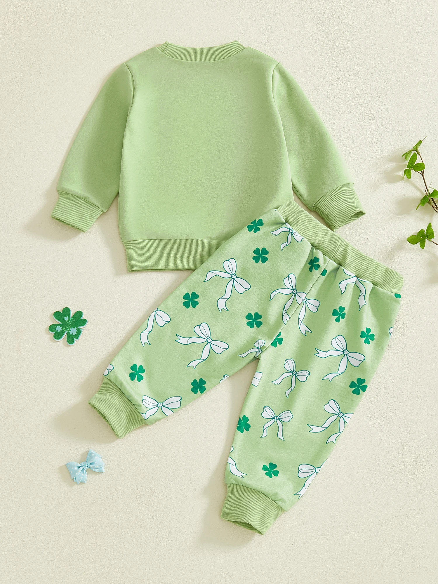 Girls St Patrick s Day Outfit Long Sleeve O Neck Top with Bow Embroidery and Clover Print Pants Set