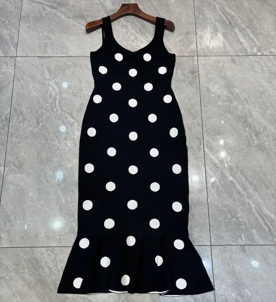 

Dots knitted mermaid dresses women slim sleeveless long sweater dress red black