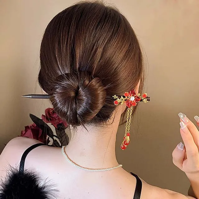 Retro Red Flower Wooden Hair Stick For Women 2025 New Year Hanfu Hairpin Chinese Style Hair Fork Hanfu Accessories 3