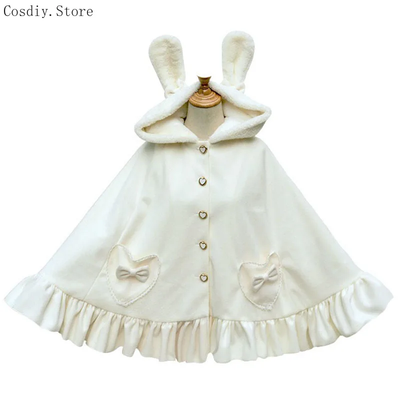 Hood Fur Cape Cloak Jacket Coat Lolita Women Winter Cute Hoodie Shawl Sweet Bunny Poncho Outwear Cute Warm Fleece For Girl