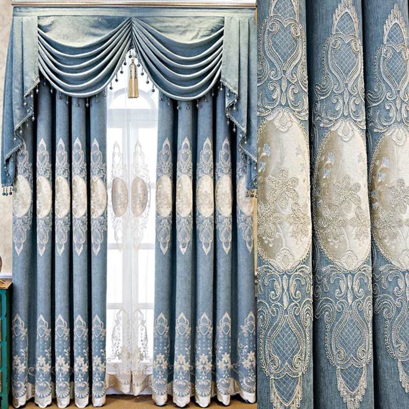

Blue European Thickening Chenille Living Room Embroidered Curtain Fabric Bedroom Blackout Curtain Luxury Decor Tulle FYL