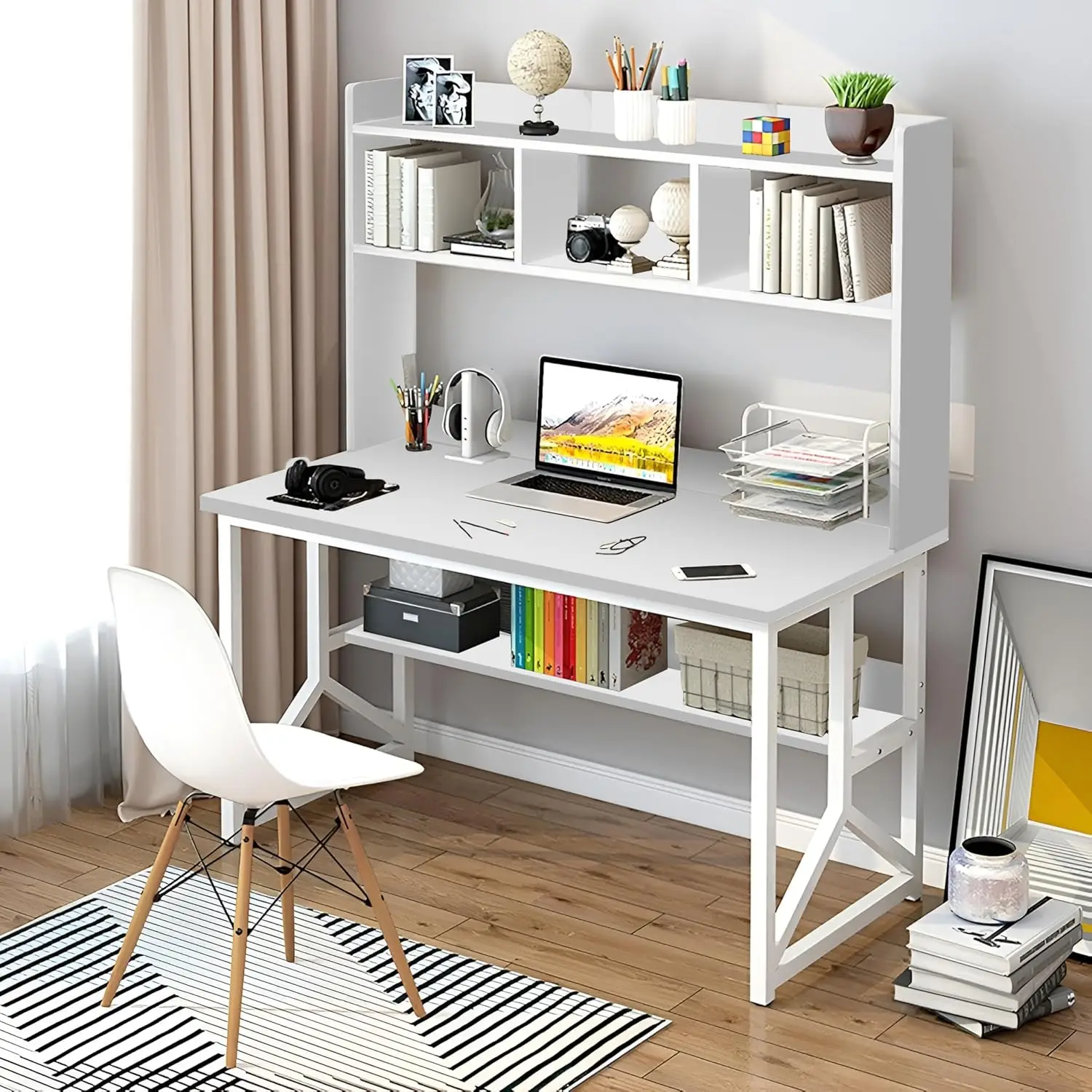 طاولة دراسة للكتابة مع رف كتب، مكتب كمبيوتر مكتبي منزلي للكمبيوتر المحمول 120 * 60 * 141.5 سم، أبيض