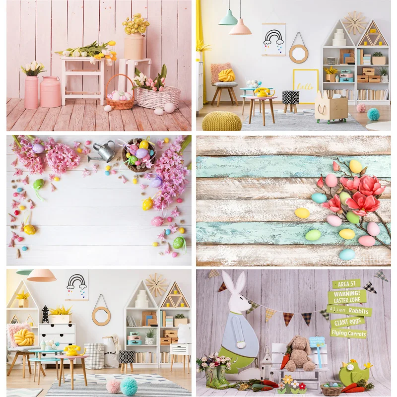 

SHUOZHIKE Art Fabric Easter day Photography Backdrop Props Rabbit Flowers Eggs Wood Board Photo Studio Background HJ-02