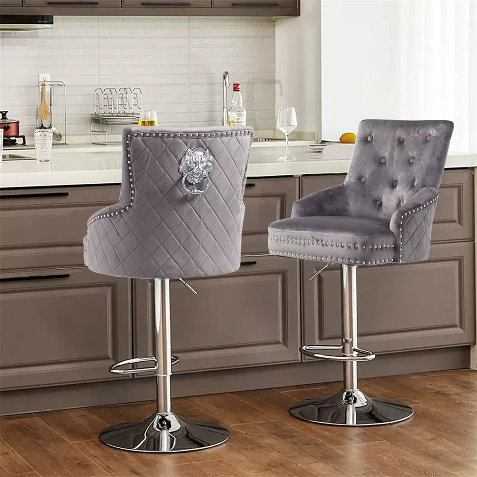 Velvet Swivel Bar Stool with Lion Knocker