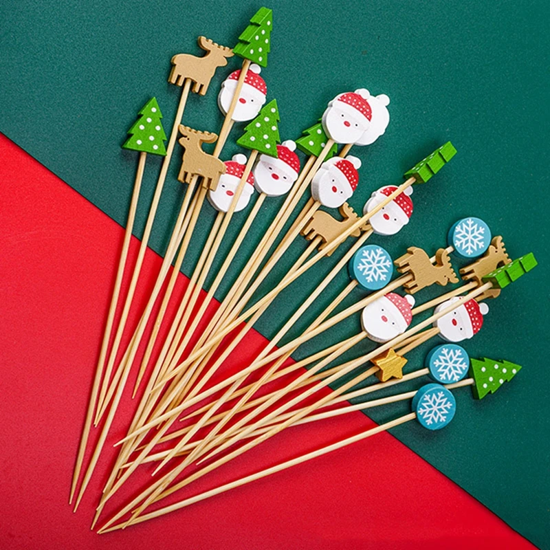 50/100pc Weihnachten Bambus Sticks für Kuchen Lebensmittel Pick Zahnstocher Weihnachten Party Dekoration Weihnachten Festival Party Neue Jahr Dekoration – Detail 1