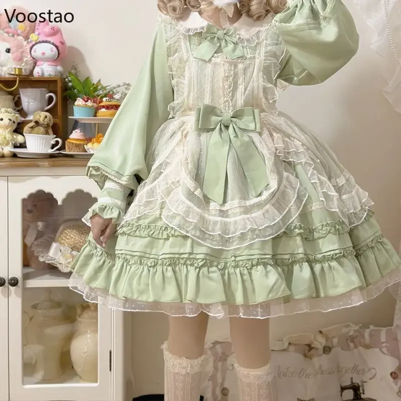 Sweet Lolita Princess OP Dress Women Vintage Elegant Lace Mesh Bow Dresses Harajuku Victorian Girly Kawaii Tea Party Dress