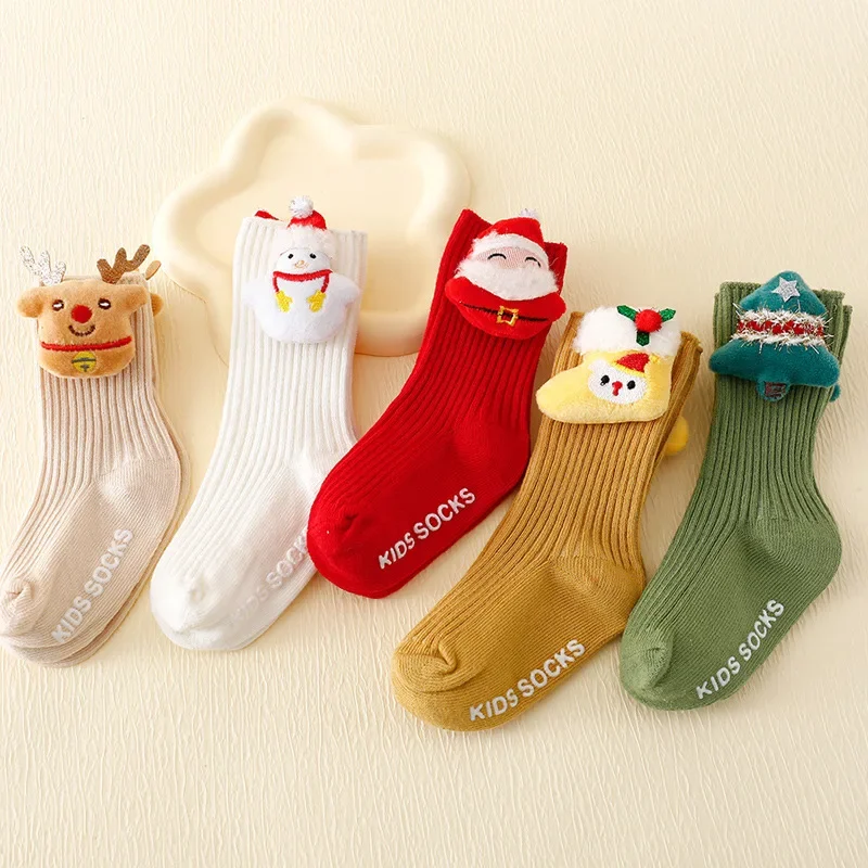 

Children's Christmas Four Seasons Candy Color Floor Socks Double Needle Vertical Stripes Baby Mid-tube Spot Non-slip Socks