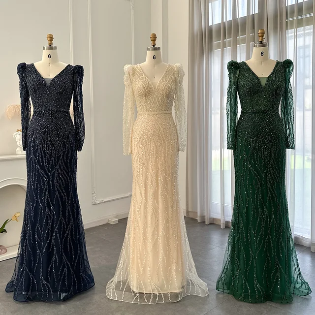 Navy Blue Mermaid Evening Dress for Women Wedding Elegant Emerald Green Long Sleeves Arabic Formal Party Gowns SCZ108 2