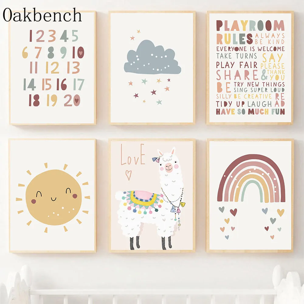 Boho Wall Art Alphabet Number Canvas Painting Alpaca Print Pictures Rainbow Cloud Wall Posters Nursery Poster Kids Room Decor triptych kawaii animal panda cat art print poster nordic nursery wall picture kids room decor canvas painting no frame