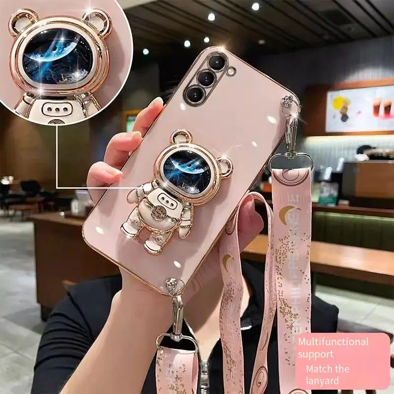 Crossbody Lanyard Quicksand Space Bear Plating Case - Stylish Protective Cover with Glitter Effect
