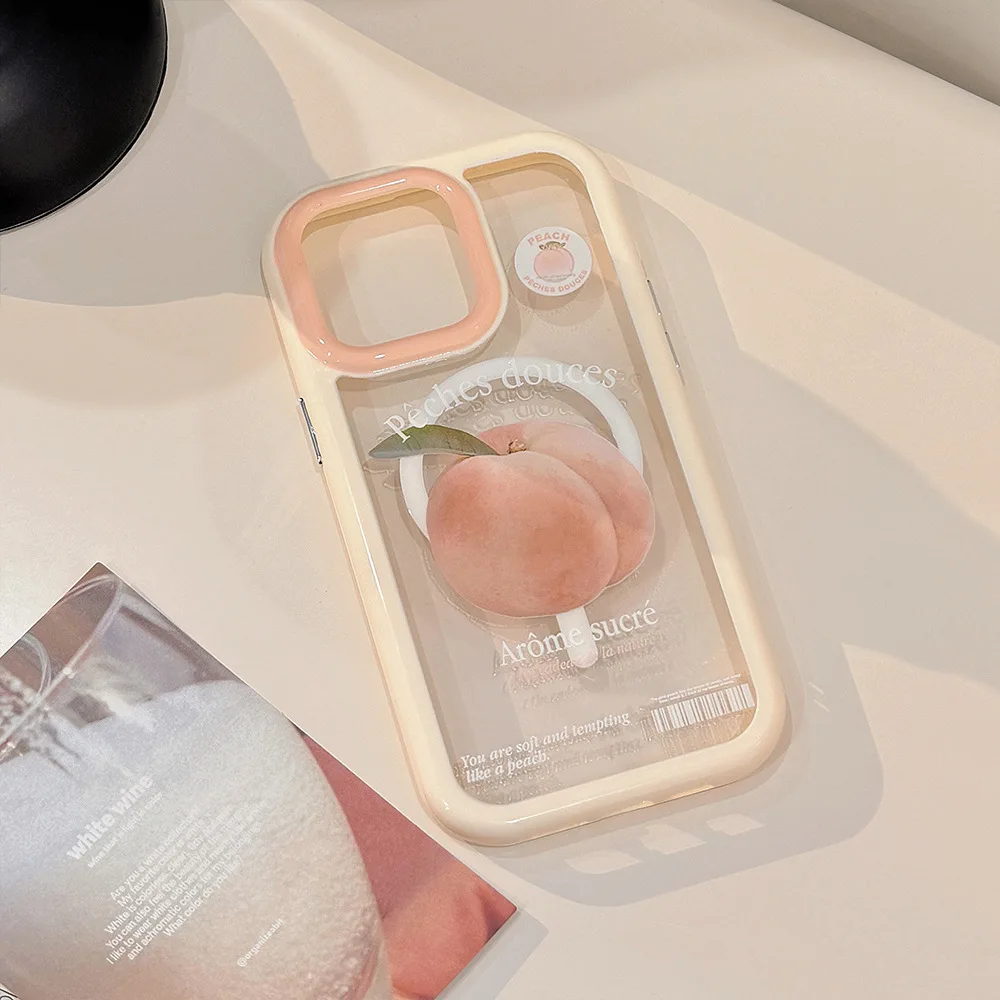 Korean Cartoon Green Apple Peach Magnetic Phone Case - Clear Shockproof Cover