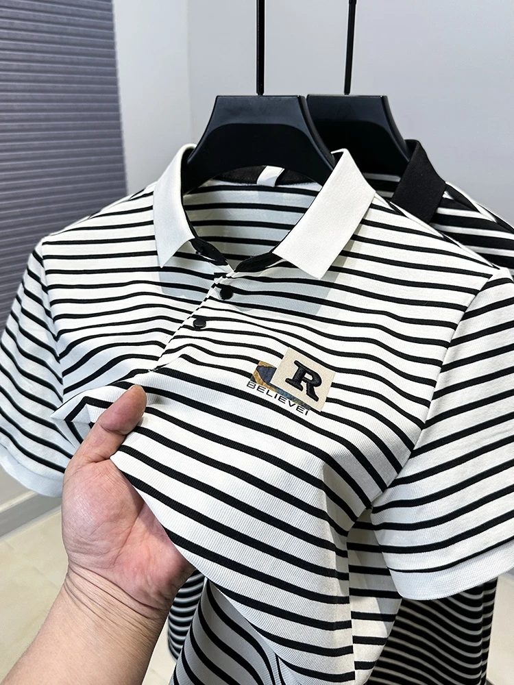High end brand embroidery men short sleeve polo shirt fashion black white striped summer comfort breathable youth trend T-shirt 6 S0d006a3d03b744e1a032d9fca6ef54fdo