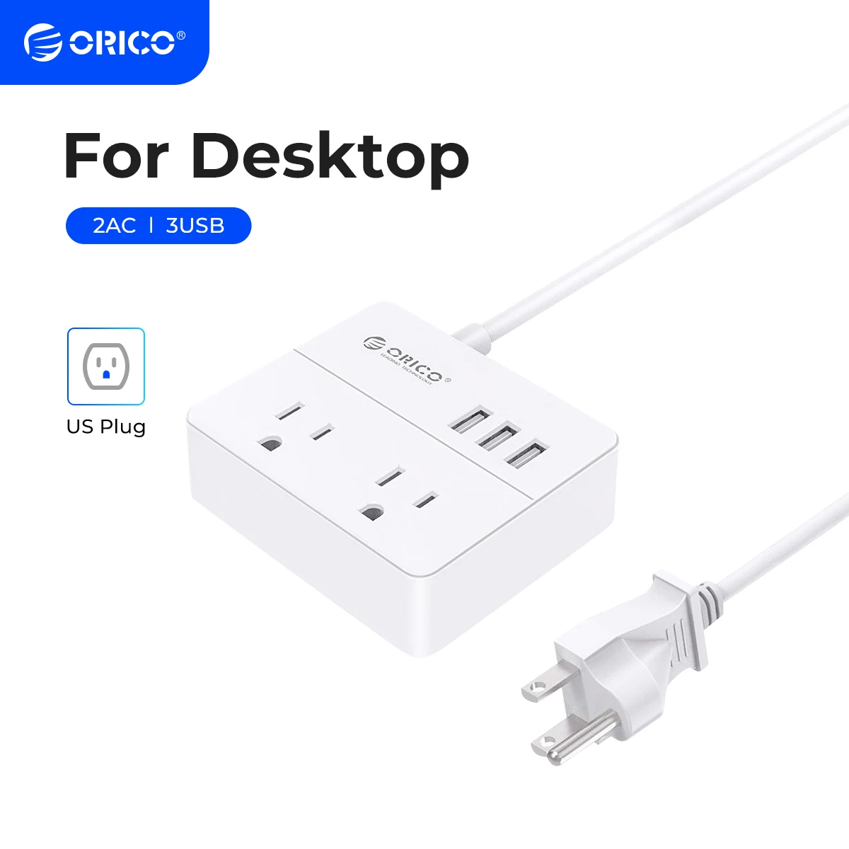 

ORICO US Plug 2AC Outlets Power Strip Electrical Socket For Home Office 3USB Charging Port White Sockets