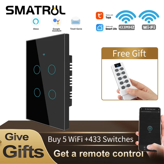 SMATRUL Tuya Wifi Smart Touch Switch Light Brazil No Neutral Wire 110V 220V 1/2/3/4 Gang RF Remote On Off For Alexa Google Home 1