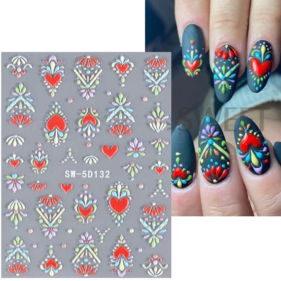 5D Colorful Daisy Flower Nail Art Sticker Lace Heart Spring Hollow Petals Boho Style French Engraved Slider Manicure Decorations