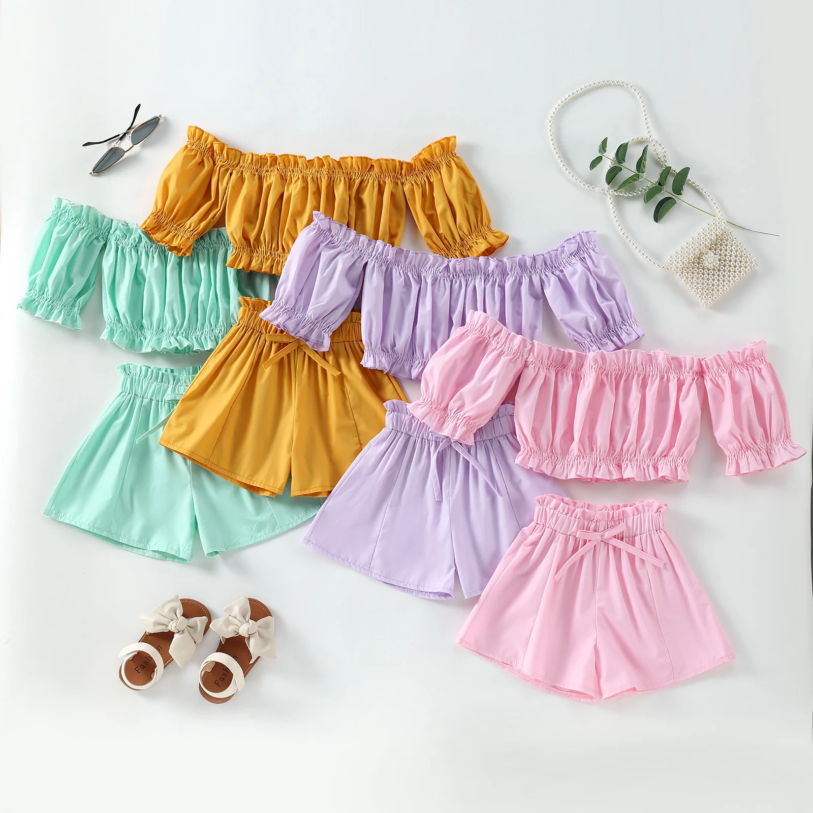 Fashion Summer Little Girls Clothing Set Toddler Off Shoulder Solid