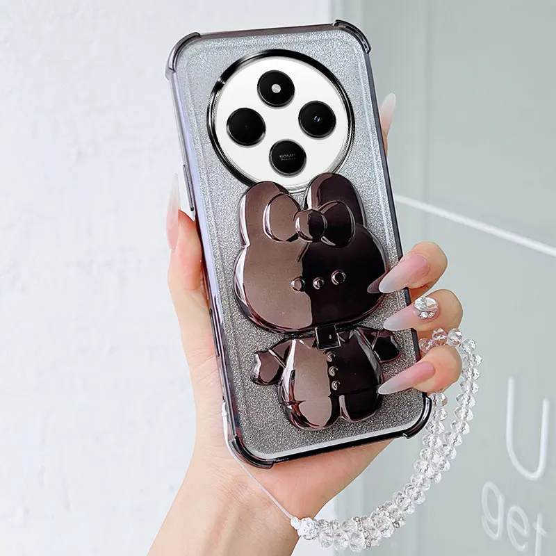 Luxury Shockproof Phone Case with Rabbit Makeup Swivel Stand & Crystal Lanyard