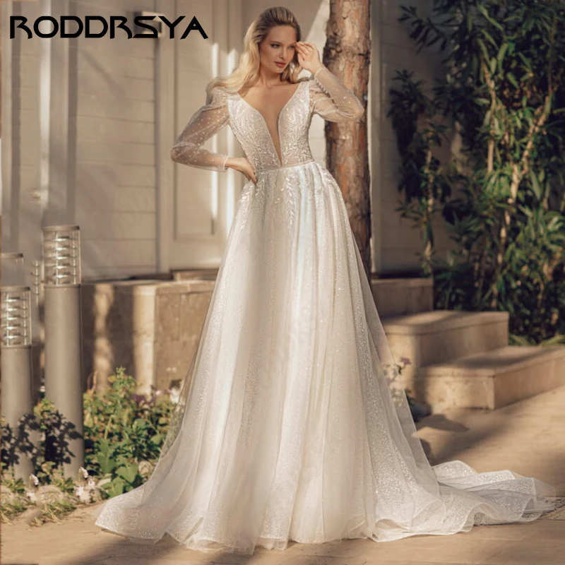 

RODDRSYA Sparkly Long Sexy Ivory Wedding Dresses Glitter Tulle For Women Elegant V-Neck Lace Up Back Custom Made Long Sleeve