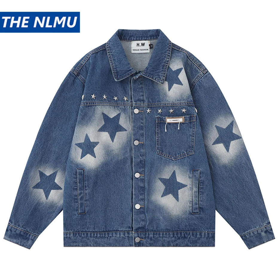 

Star Graphic Denim Jacket Fashion Harajuku Oversized Hip Hop Streetwear Jeans Jackets Black Blue Loose Jacket Coat for Men
