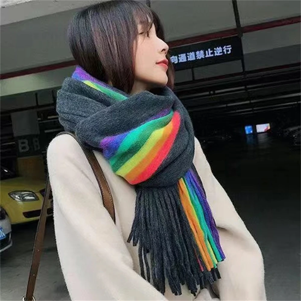 Women's Rainbow Scarf Winter Cashmere Shawl Thickened Warm Knitted Line Scarf Long Fashion Bufandas Shawl Pashmina for Femme 3