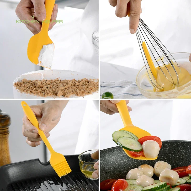 Heat Resistant Silicone Cooking Tools Non-Stick Spatula Turner Tongs Soup Spoon Shovel Oil Brush Storage Box Kitchen Utensils