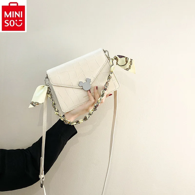 MINISO Disney Luxury Brand Mickey Ribbon Chain Crossbody Bag Women's Fashion High Quality Large Capacity Storage Cambridge Bag