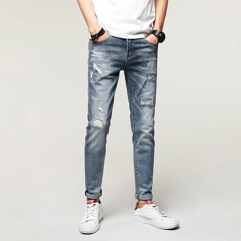 

Fashion Boutique Men's Jeans Holes Elastic Leggings Youth Korean Version Nostalgic Jeans Men
