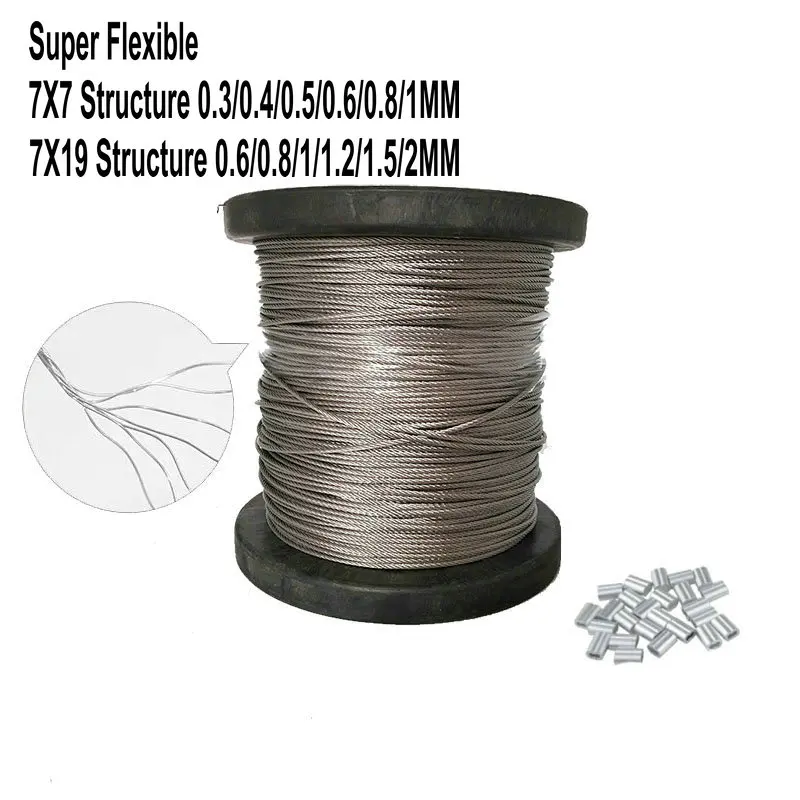 Cable de alambre de acero sin aguja, Estructura suave superflexible de 7x7, 0,3/0,4/0,5/0,6/0,8/1MM y 7x19 0,6/0,8/1/1.2/1.5/2MM, 304