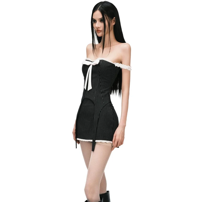 Xeemilo Elegant Stripe Print Outfits Aesthetic Bow Applique Irregular Tank Top With High-waist Slim Skirt Retro Gentle Women Set