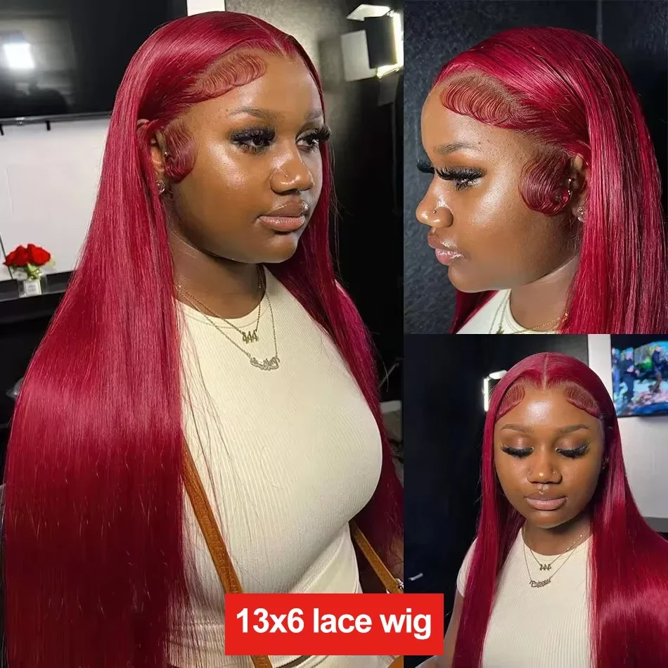 220% Straight Hair Lace Front 99J Human Hair Wigs For Women 34 36 Inch Burgundy 13x6 Hd Lace Frontal Human Hair Wig