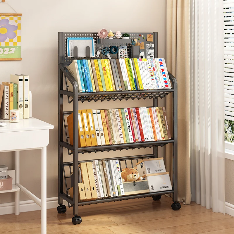 Floor Standing Multi-Layer Bookshelf Living Room Magazine Rack Iron Bookcase Movable Storage Organizer Wheels Books Toys FYMR