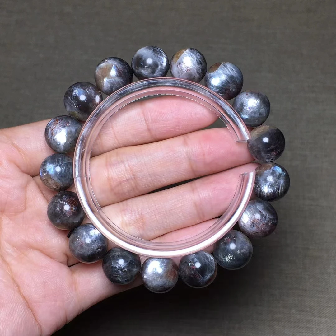 

Natural Black Sunstone Moonstone Starlight Bracelet For Women Men 12mm Stretch Flash Light Crystal Round Beads AAAAAA