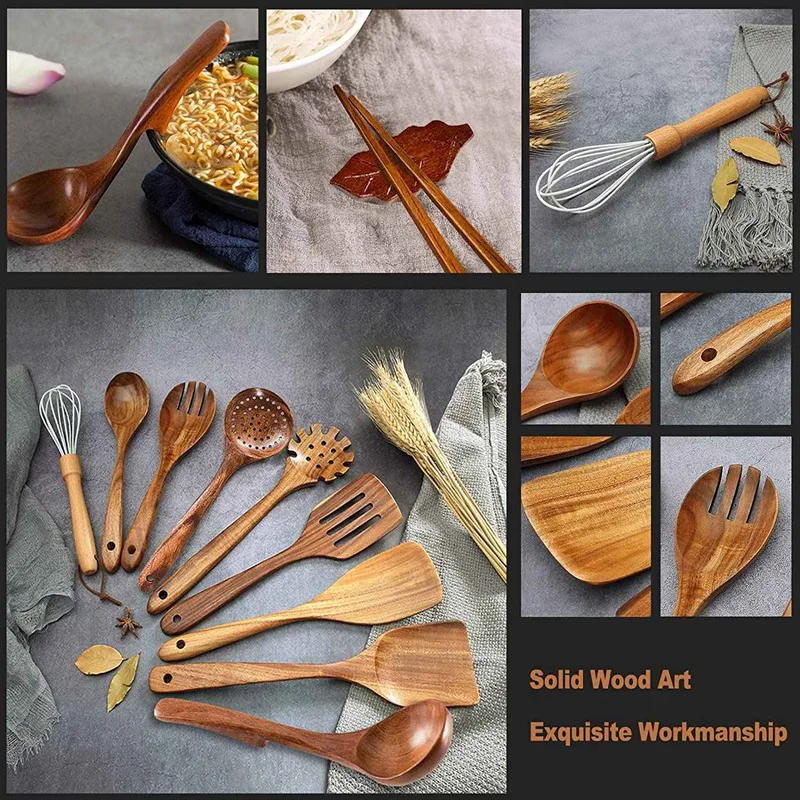 

Wooden Spoons For Cooking Set Of 12,Cooking Utensils Set With Holder,Non-Stick Pan Kitchen Tool Wooden Spoons