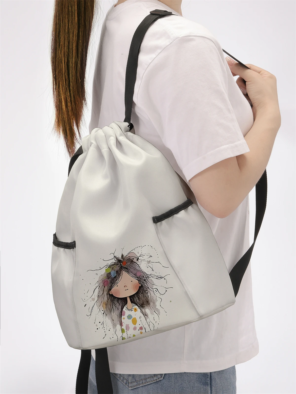 Girl Pattern Drawstring Backpack - Large Capacity Durable Fitness Bag, Adjustable Shoulder Straps, Sports Beach Backpack