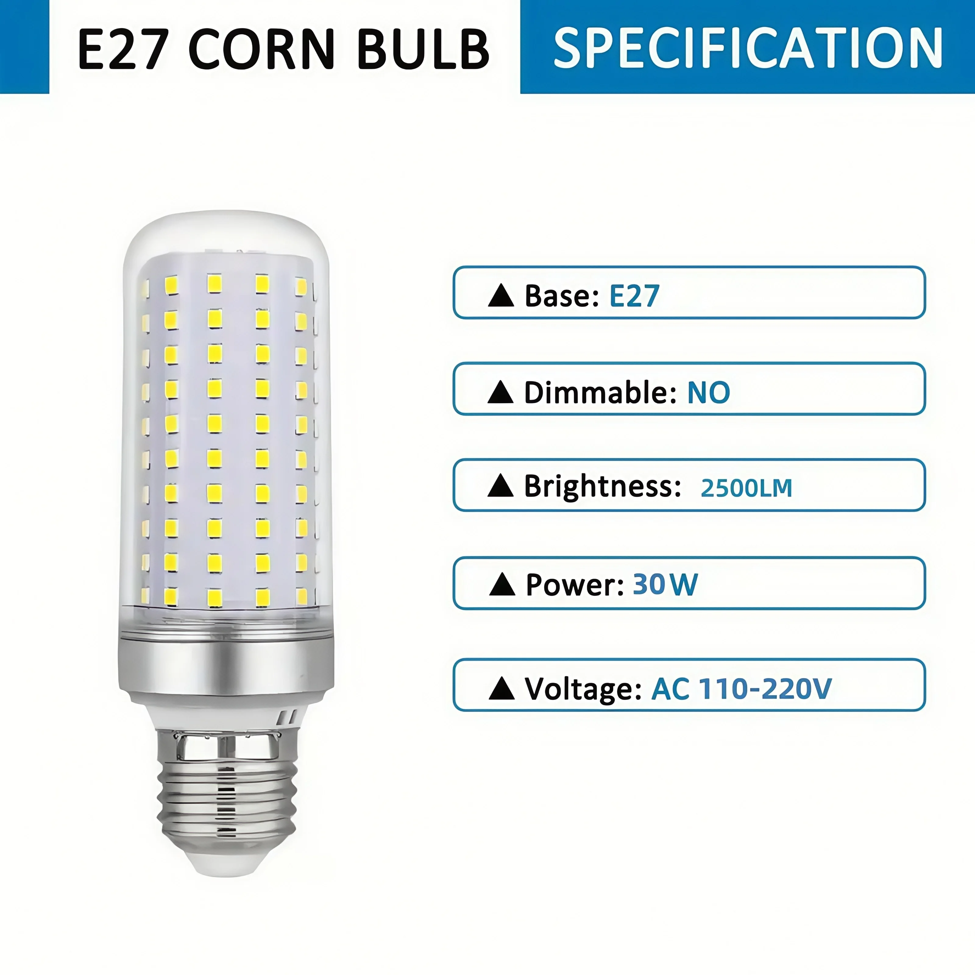Pack of 1 or 2 - 30W LED Bulb, 6000K Cold White Light, E27 Base, Ideal