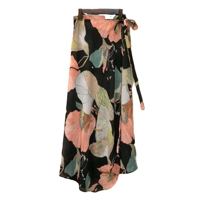 Fashion Cotton Women Floral Print Skirt Side Tie Beach Skirts Summer