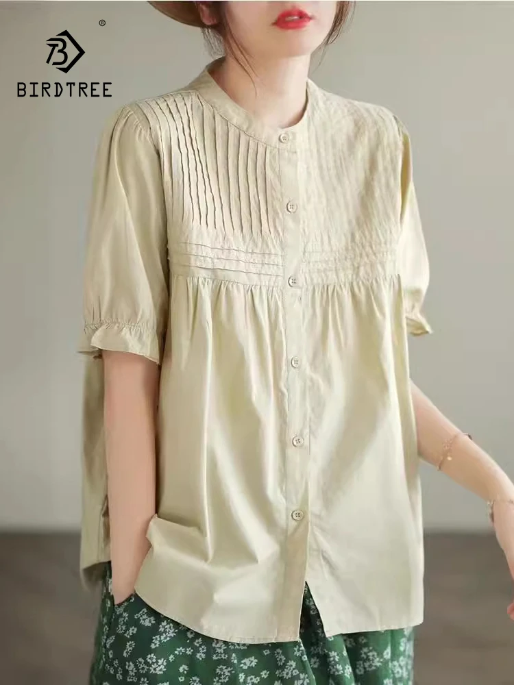 

Летняя хлопковая рубашка с коротким рукавом и круглым вырезом, однотонная блузка в стиле девушки Мори, Повседневная Свободная тонкая плиссированная блузка, осень 2024, T47236QC