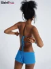 Weird Puss Embroidery Women 2 Piece Set Knit Summer Vacation Backless Bandage Strapless Tops+Shorts Casual Matching Slim Outfits 3
